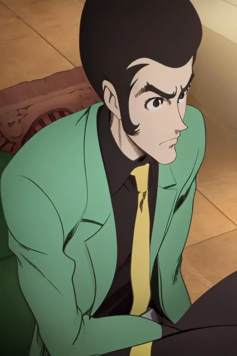 <lora:LupiniiiV1-000003:0.8>, 1man, lupin_iii, green jacket, yellow necktie, brown hair, sitting, black eyes, black shirt