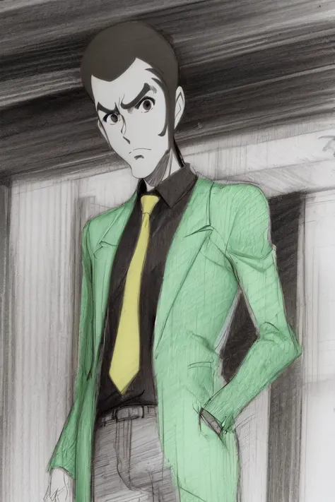 <lora:LupiniiiV1-000003:0.70>, 1man, lupin_iii, green jacket, yellow necktie, brown hair, black eyes, black shirt, grey pants, (sketch:1.4), traditional media, graphite, monochrome