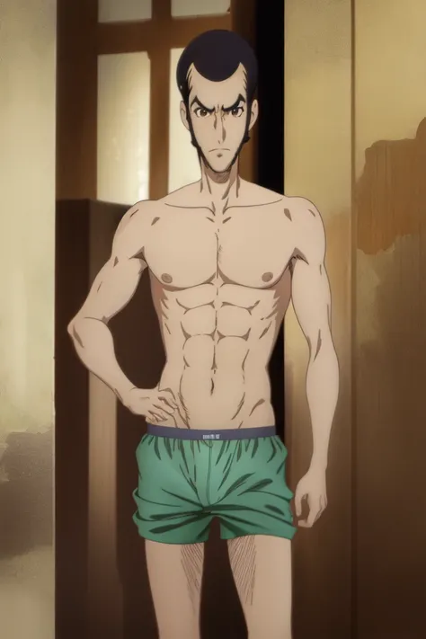 <lora:LupiniiiV1-000003:0.8>, 1man, lupin iii, (boxers:1.3), brown eyes, male underwear, mature, bare chest