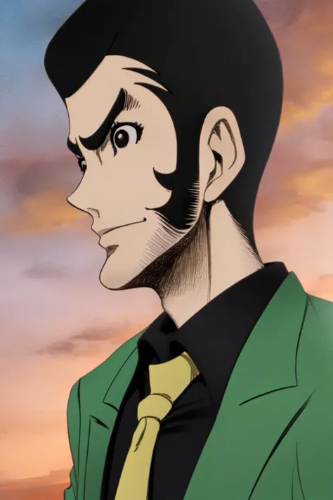 <lora:LupiniiiV1-000003:0.75>, 1boy, lupin iii, green jacket, yellow tie, side burns, black shirt, upper body, black eyes