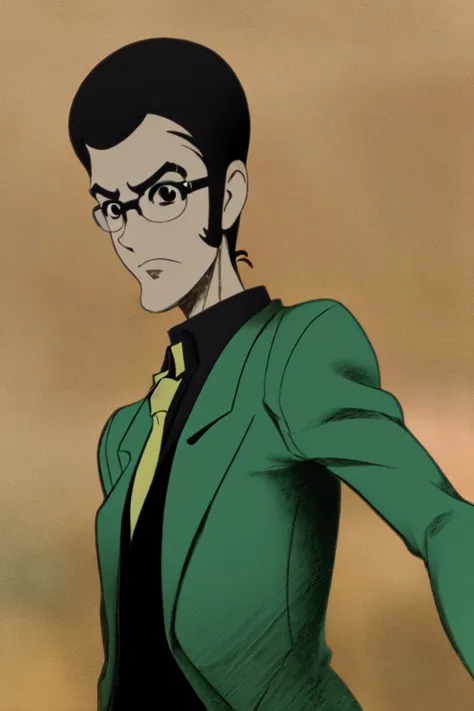 <lora:LupiniiiV1-000003:0.75>, 1boy, lupin iii, green jacket, yellow tie, side burns, black shirt, upper body, black eyes, glasses