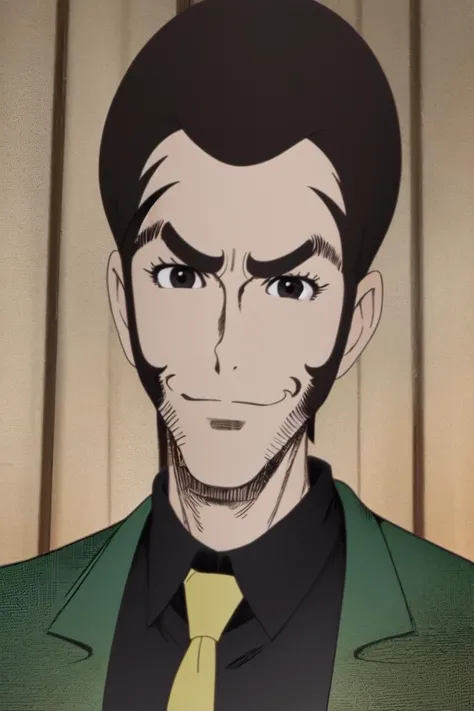 <lora:LupiniiiV1-000003:0.8>, 1man, lupin_iii, green jacket, yellow necktie, brown hair, black eyes, black shirt, smile, portrait, mouth closed