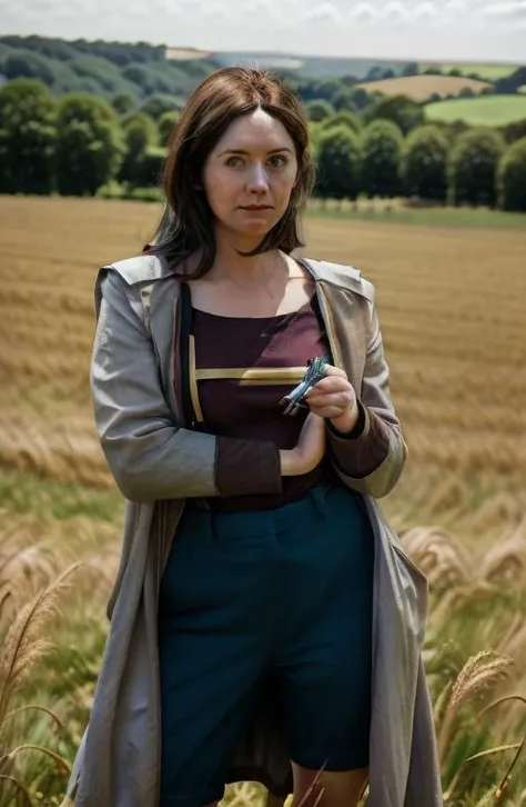 shy brunette british woman wearing 13thdrcostume posing in summer Dorset countryside <lora:13thdrcostume:1>