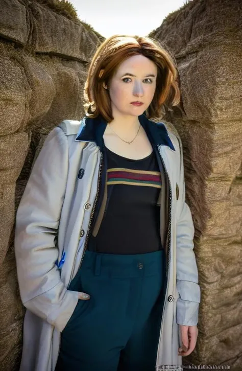 full length portrait of k4r3ng1ll4n wearing 13thdrcostume on Dorset coast <lora:k4r3ng1ll4n:1> <lora:13thdrcostume:1>