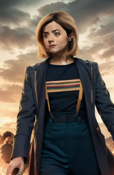 photoshoot close-up of determined Jenna Coleman wearing 13thdrcostume <lora:13thdrcostume:1>