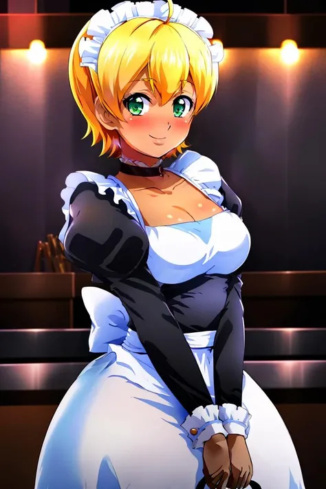 <lora:Konpeto_Style_Dim32:0.8>,(maid uniform:1, maid headdress, ), ((masterpiece,best quality)), absurdres, <lora:Mito_Ikumi_Shokugeki:0.8>, Mito_Ikumi_Shokugeki, blonde hair, dark skin, green eyes, short hair, 1girl, solo, ahoge, choker, solo, smiling,blushing, looking at viewer, cowboy shot,