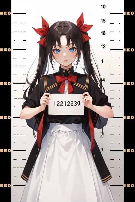 (masterpiece, best quality), intricate details,
1girl, <lora:tohsaka_rin-10:0.8> ohsaka_rin, long hair, two side up, ribbon, hair ribbon, parted bangs
mugshot, height chart, holding sign
