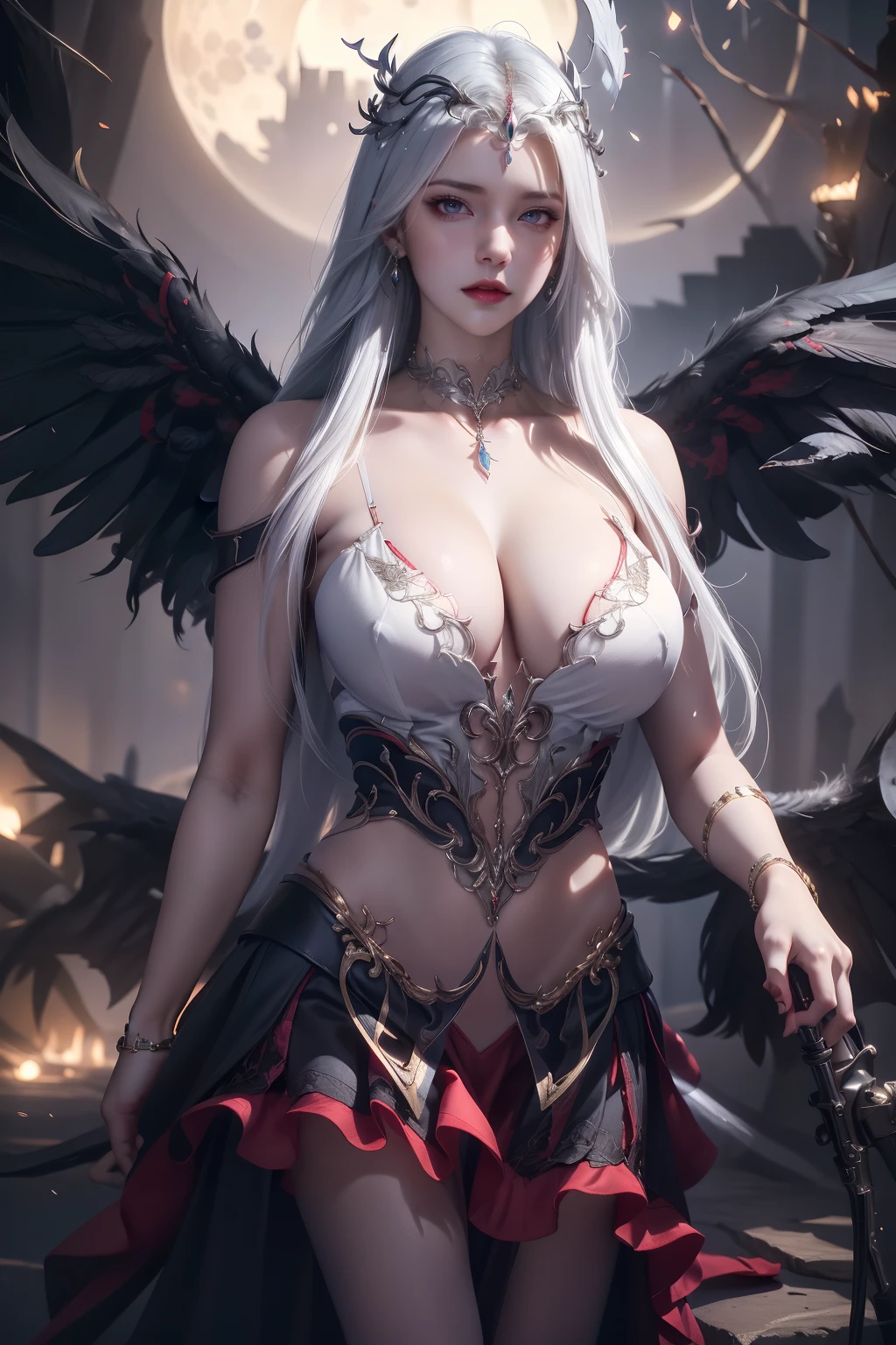 wings, black_wings, 1girl, feathered_wings, crow, breasts, black_feathers, single_wing, blood, spread_wings, solo, red_eyes, cleavage, long_hair, feathers, moon, multiple_wings, weapon, HDR,UHD,8K, best quality, masterpiece, Highly detailed, Studio lighting, ultra-fine painting, sharp focus, physically-based rendering, extreme detail description, Professional, Vivid Colors, looking at viewer, rim light, Volumetric Lighting, Cinematic Lighting, lens flare, moody lighting, Tyndall effect, light leaks, background light, available light, <lora:MIAOKA_Bosaixi:0.6>bsx