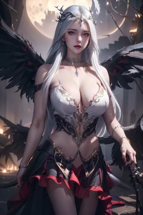 wings, black_wings, 1girl, feathered_wings, crow, breasts, black_feathers, single_wing, blood, spread_wings, solo, red_eyes, cleavage, long_hair, feathers, moon, multiple_wings, weapon, HDR,UHD,8K, best quality, masterpiece, Highly detailed, Studio lighting, ultra-fine painting, sharp focus, physically-based rendering, extreme detail description, Professional, Vivid Colors, looking at viewer, rim  light, Volumetric  Lighting, Cinematic  Lighting, lens  flare, moody  lighting, Tyndall  effect, light  leaks, background  light, available  light, <lora:MIAOKA_Bosaixi:0.6>bsx