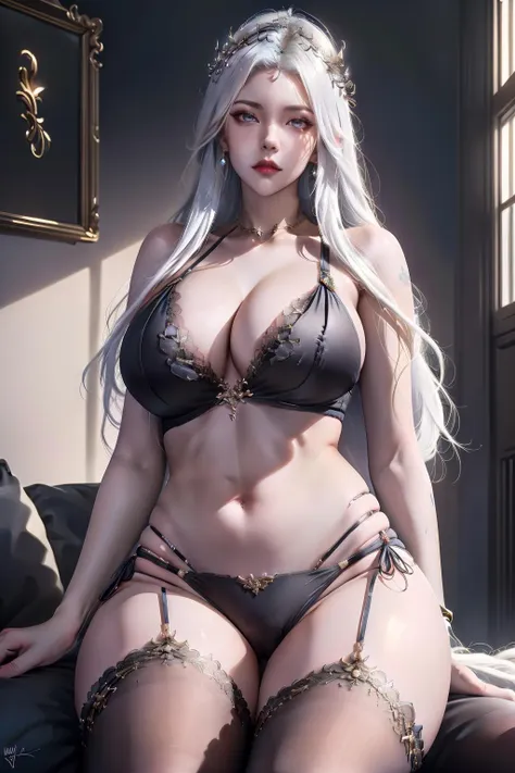 ( HDR,UHD,8K, Best quality, Highly detailed, Hyfine Painting, Extreme Detail Description, Vivid Colors, Professional, Edge Light, Volume Lighting, Movie Lighting, Lens Flare, emo Lighting, Tyndall Effect, Light Leakage, Usable Light, Background Light,)1girl, breasts, underwear, navel, lace_trim, lace, white_bra, long_hair, bra, panties, solo, sitting, thighhighs, lace-trimmed_legwear, white_panties, lingerie, white_hair, large_breasts, jewelry, looking_at_viewer, tiara, lace-trimmed_panties, lace-trimmed_bra, cleavage, <lora:MIAOKA_Bosaixi:1>bsx,