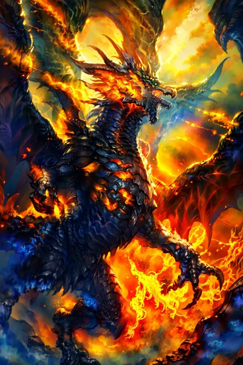 <lora:BahamutV1:1>, dragon,scales,horns,wings, breathing fire / electricity,shadow,lightning,holy,divine), no humans:1.2 ,
BREAK(1dragon,(full body:1.35), dynamic angle, dynamic posture, detailed shadow, detailed lightning, (wide view, wide-angle lens)),
BREAK(perfect(anatomy,body),
BREAK(soft light, light on face, cinematic lighting, dramatic),
BREAK(<lora:more_details:0.7>, extremely detailed, CG, 8k Amazing, finely detail, (masterpiece:2.0, best quality), (intricate details, depth of field)),
 <lora:FantasyForest:0.75>, FanFo, trees, sunlight, godrays, rock , flame , fire ,