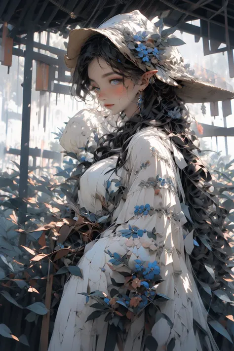 midjourney, Rackflower, blue flower, 1girl, looking at viewer, sky, cloud, star sky, big tree, BREAK (summer hat, elf ears, fantasy style:1.2),, masterpiece,ultra realistic,32k,extremely detailed CG unity 8k wallpaper, best quality, gorgeous light and shadow ,stunning environment ,soft lighting