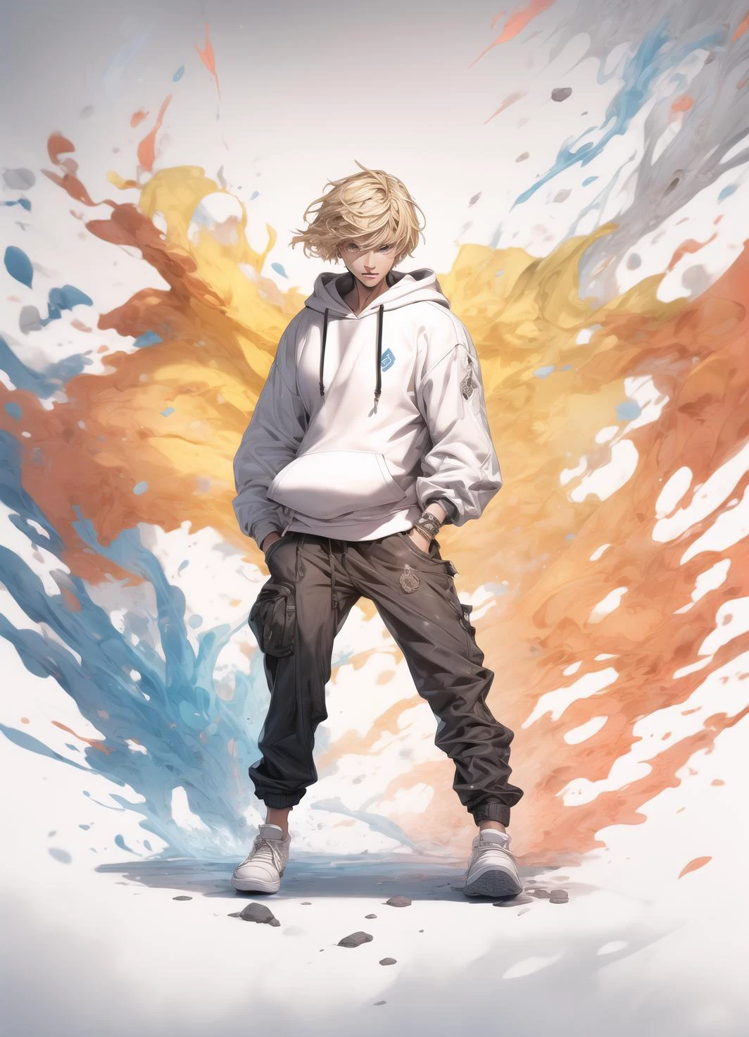 mature male, slender, toned male, blue eyes, blonde hair, white hoodie, pants, sneakers,magic,mirrornun,<lora:more_details:0.5> surrounded by energy