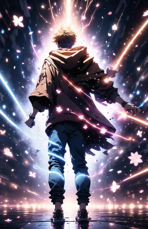 <lora:ThunderMagic:0.4>thundermagic, explosion magic, excessive energy, glowing aura,
1man, toned, tall, solo, cherry blossoms, short hair, lamppost, scenery, night, jeans, tree, standing, from behind, petals, outdoors, road, light, dark, red hoodie, sneakers, reflection, blonde hair, walking, energy field <lora:epi_noiseoffset2:0.5> <lora:magic_particles:0.5>