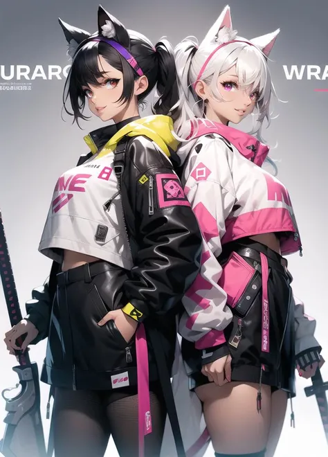 in the style of Yasuhiko_v1, character design, (ultra detailed), (illustration) ,(masterpiece:1.2),(best quality:1.2) girls, alternate costume, animal ears, bangs, black hair, black legwear, blue jacket, character name, fingerless gloves, hair between eyes, hairband, jacket, long hair, long sleeves, looking at viewer, mask, mouth mask, multiple girls, nail polish, open clothes, pantyhose, pink eyes, puffy long sleeves, puffy sleeves, purple eyes, red eyes, shirt, shoes, silver hair, skirt, sleeves past wrists, smile, sneakers, twintails, two-tone background, white footwear, white hair, white jacket, UHD, awrad winning design, Artstation