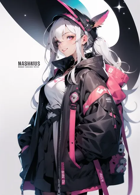 in the style of Yasuhiko_v1, character design, (ultra detailed), (illustration) ,(masterpiece:1.2),(best quality:1.2) girls, alternate costume, animal ears, bangs, black hair, black legwear, blue jacket, character name, fingerless gloves, hair between eyes, hairband, jacket, long hair, long sleeves, looking at viewer, mask, mouth mask, multiple girls, nail polish, open clothes, pantyhose, pink eyes, puffy long sleeves, puffy sleeves, purple eyes, red eyes, shirt, shoes, silver hair, skirt, sleeves past wrists, smile, sneakers, twintails, two-tone background, white footwear, white hair, white jacket, UHD, awrad winning design, Artstation
