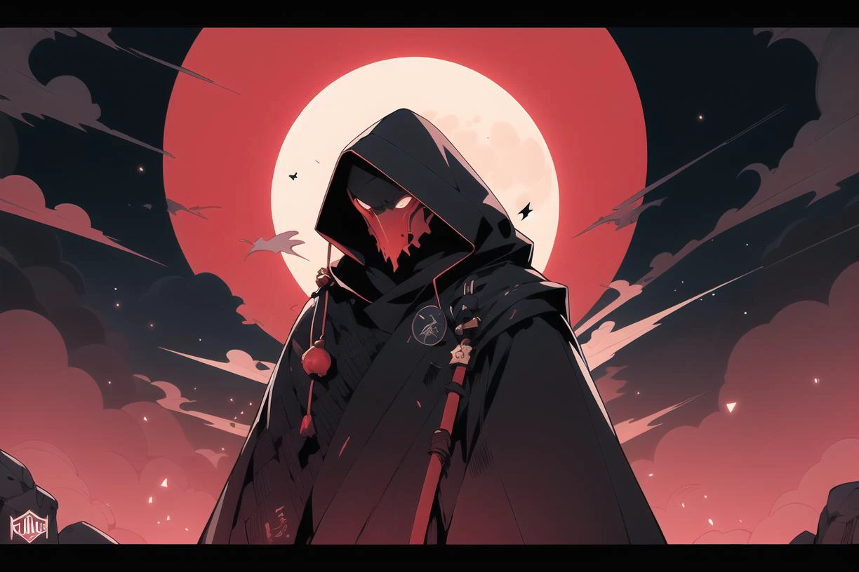 character design, (ultra detailed), portrait, (illustration),random hair style,(masterpiece:1.2),(best quality:1.2), two-tone background, full moon , hood, japanese flag, moon, red background, red moon, red sky, solo, master piece, UHD, awrad winning design, Artstation