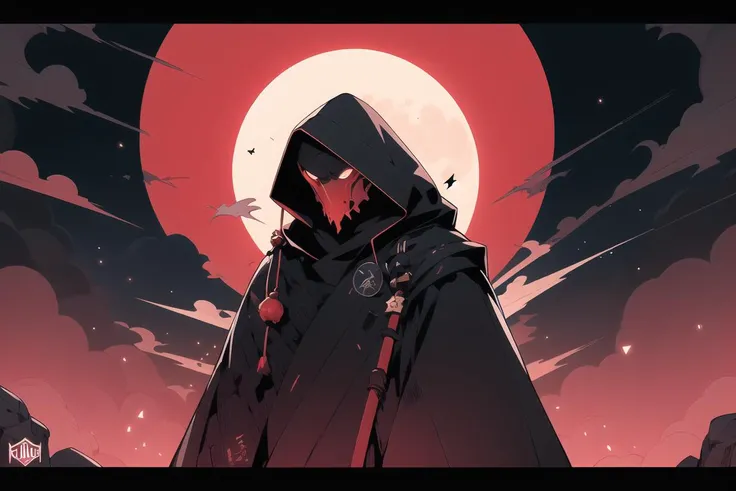 character design, (ultra detailed), portrait, (illustration),random hair style,(masterpiece:1.2),(best quality:1.2), two-tone background, full moon , hood, japanese flag,  moon, red background, red moon, red sky, solo, master piece, UHD, awrad winning design,  Artstation