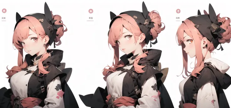 some different pictures of anime character with different expressions, make a multil pose design of (different views:1.2) of an anime girl who is wearing pink hair, in the style of piles/stacks, multi action,  dark white and bronze, depictions of animals, the pictures generation, shin hanga, exaggerated poses, mood broad
