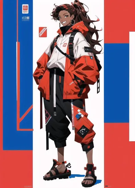 in the style of Yasuhiko_v1, character design, (ultra detailed), (illustration) ,(masterpiece:1.2),(best quality:1.2) character design, (ultra detailed), (illustration) ,(masterpiece:1.2),(best quality:1.2),1girl, bare shoulders, brown eyes, brown footwear, brown hair, dark-skinned female, dark skin, earrings, full body, grin, hand on hip, hands on hips, jewelry, long hair, looking at viewer, pants, ponytail, sandals, simple background, smile, solo, standing, two-tone background,  footwear,   white jacket, UHD, awrad winning design, Artstation