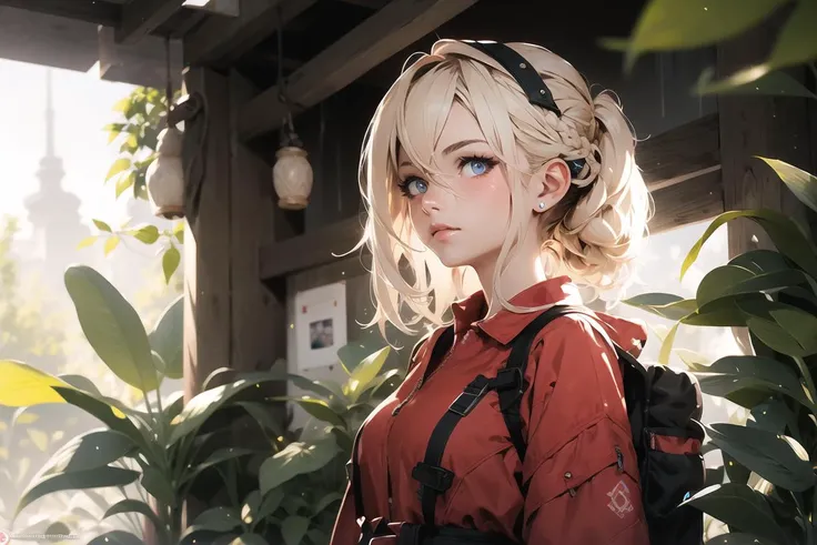 character design, (ultra detailed), portrait, (illustration),random hair style,(masterpiece:1.2),(best quality:1.2), glitter eyes , 1girl, official, sparkling eyes, star-kafka, , hair between eyes, sunlight, red shirt, summer at contryside, master piece, UHD, awrad winning design, Artstation