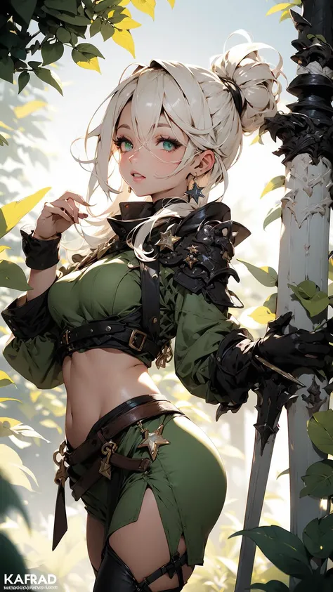 character design,(ultra detailed),portrait,(illustration),green shirt,Green skirt,random hair style,Combat posture,cauda equina,(masterpiece:1.2),(best quality:1.2),glitter eyes,1girl,official,sparkling eyes,star-kafka,hair between eyes,sunlight,summer at contryside,master piece,UHD,awrad winning design,Artstation,
