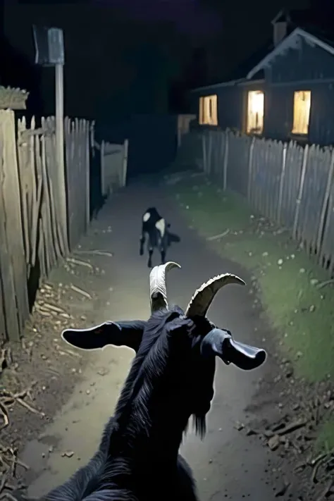 in a (CCTV Style:1.3) the point of view from the back of a black goat's head looking up away at a house in the background, on a dark farm at night <lora:HeadPOV_from_behind_vk1-000018:0.85> <lora:Evil_animals_XL:0.0> evil, creepy, horror <lora:SDXL-CCTV-Style-Lora:1.0>