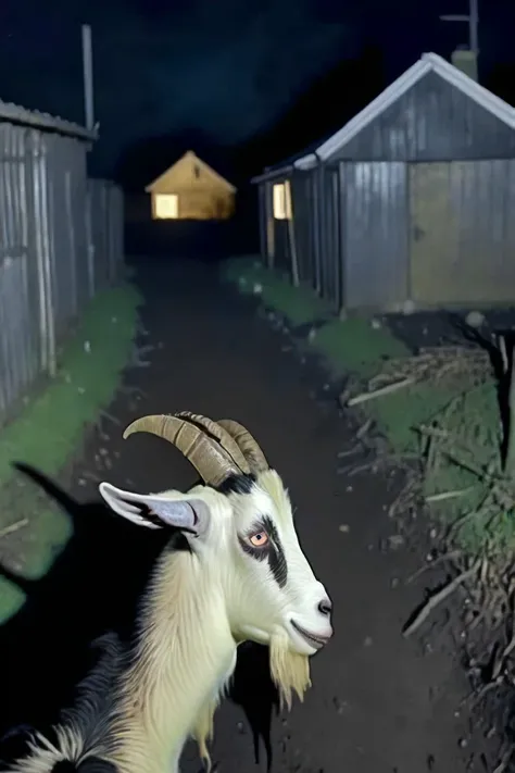 in a (CCTV Style:1.3) the point of view from the back of a black goat's head looking up away at a house in the background, on a dark farm at night <lora:HeadPOV_from_behind_vk1-000018:0.85> <lora:Evil_animals_XL:0.0>  evil, creepy, horror <lora:SDXL-CCTV-Style-Lora:1.0>