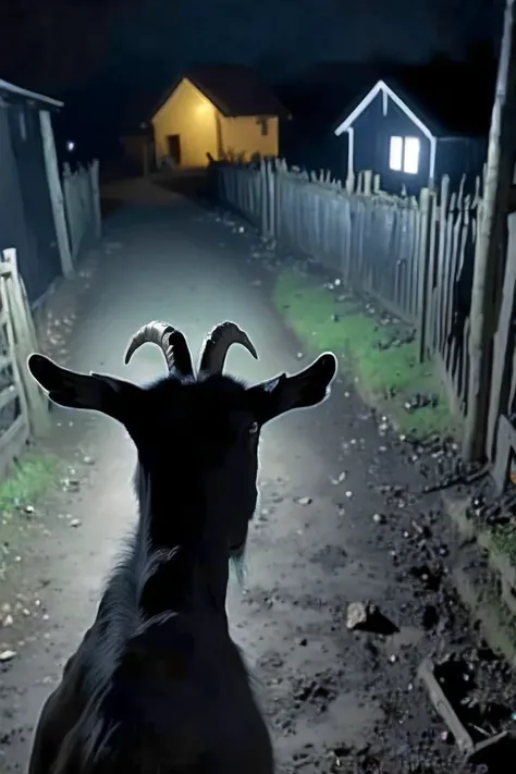 in a (CCTV Style:1.3) the point of view from the back of a black goat's head looking up away at a house in the background, on a dark farm at night <lora:HeadPOV_from_behind_vk1-000018:0.85> <lora:Evil_animals_XL:0.0> evil, creepy, horror <lora:SDXL-CCTV-Style-Lora:1.0>