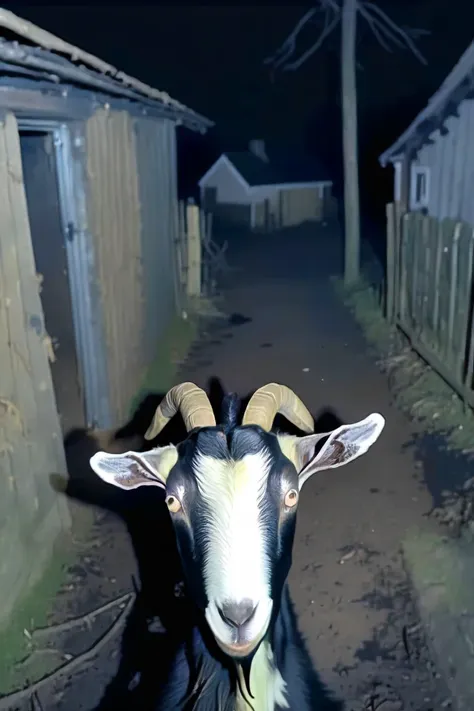 in a (CCTV Style:1.3) the point of view from the back of a black goat's head looking up away at a house in the background, on a dark farm at night <lora:HeadPOV_from_behind_vk1-000018:0.85> <lora:Evil_animals_XL:0.7>  evil, creepy, horror <lora:SDXL-CCTV-Style-Lora:1.0>