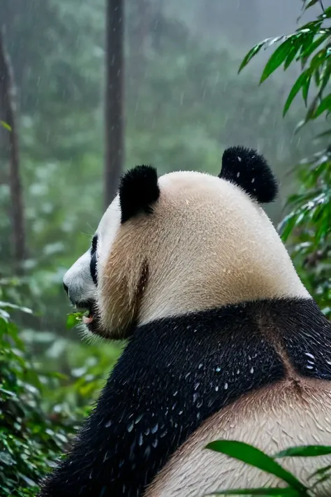 a photo shot in the point of view from the back of a Giant Panda's head, pov, close-up on the lower corner, on a rainy dense forrest full of leaves, grass and plants, flowers <lora:HeadPOV_from_behind_vk1-000018:0.85>, natural lighting, 4k, high quality, Fujifilm XT3