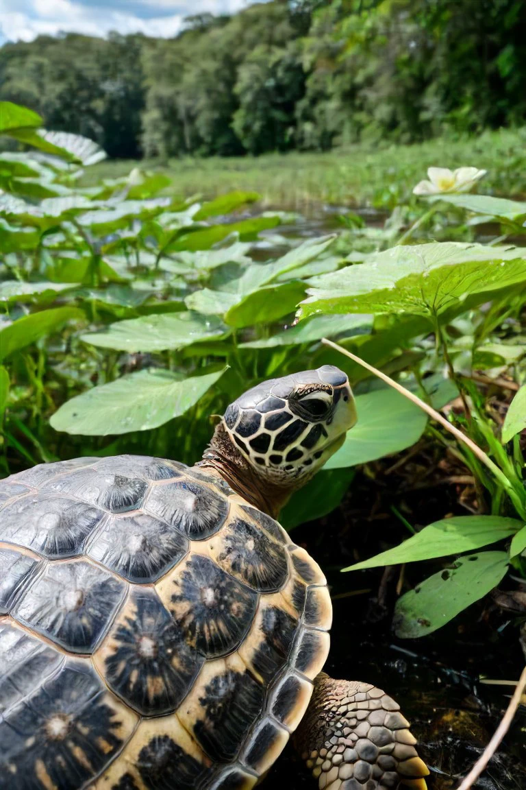a photo shot in the point of view from the back of a Turtle's head, pov, close-up on the lower corner, on a sunny dense Amazon forrest full of leaves, grass and plants, flowers <lora:HeadPOV_from_behind_vk1-000018:0.85>, natural lighting, 4k, high quality, Fujifilm XT3