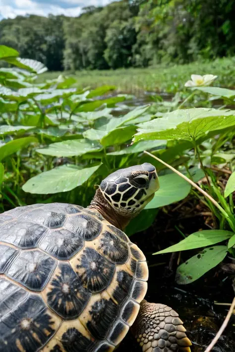 a photo shot in the point of view from the back of a Turtle's head, pov, close-up on the lower corner, on a sunny dense Amazon forrest full of leaves, grass and plants, flowers <lora:HeadPOV_from_behind_vk1-000018:0.85>, natural lighting, 4k, high quality, Fujifilm XT3