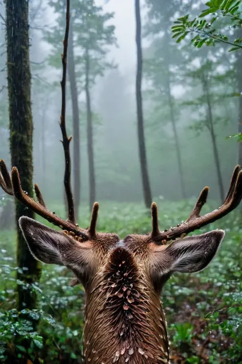 a photo shot in the point of view from the back of a Deer's head, pov, close-up on the lower corner, on a rainy dense forrest full of leaves, grass and plants, flowers <lora:HeadPOV_from_behind_vk1-000018:0.85>, natural lighting, 4k, high quality, Fujifilm XT3