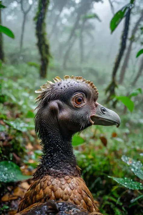 a photo shot in the point of view from the back of a Dodo's head, pov, close-up on the lower corner, on a rainy dense forrest full of leaves, grass and plants, flowers <lora:HeadPOV_from_behind_vk1-000018:0.85>, natural lighting, 4k, high quality, Fujifilm XT3