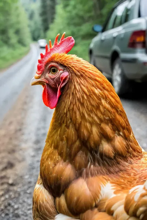 a photo shot in the point of view from the back of a chicken's head close-up on the lower side of the shot cropped, a car is right in front of it in the background, on a forest <lora:HeadPOV_from_behind_vk1-000018:0.85>