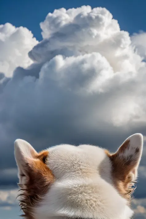 a photo shot in the point of view from the back of a a dog's head close-up on the lower side of the shot, cropped, showing a big fluffy cloud sky above <lora:HeadPOV_from_behind_vk1-000018:0.85>, natural lighting, 4k, high quality, Fujifilm XT3