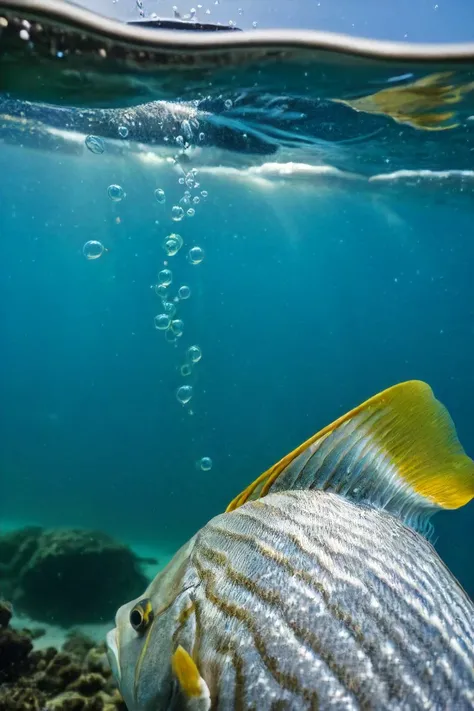 a photo shot in the point of view from the back of a fish's head, ears, pov, close-up on the lower corner, underwater on the sea, details, bubbles, natural lighting, 4k, high quality, Fujifilm XT3 <lora:HeadPOV_from_behind_vk1-000018:0.85>