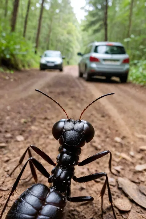a photo shot in the point of view from the back of a black ant's head close-up, a car is right in front of it in the background, on a forrest <lora:HeadPOV_from_behind_vk1-000018:0.65>