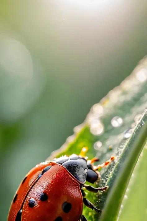 a photo shot in the point of view from the back of a a ladybug's head antenas close-up on the lower side of the shot, the background is a giant leaf macro-shot, sun rays <lora:HeadPOV_from_behind_vk1-000018:0.85>, natural lighting, 4k, high quality, Fujifilm XT3