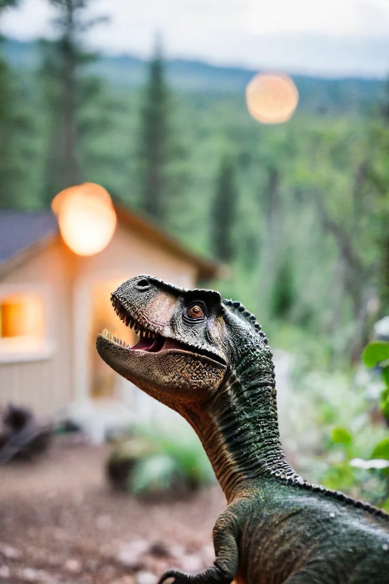 a photo shot Over the shoulder, in the point of view from the back of a dinosaur's head close-up on the lower side of the shot cropped, shooting laser beans at a far away house in the background, on a forest, bokeh, dof, blur <lora:HeadPOV_from_behind_vk1-000018:0.85>