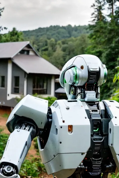 a photo shot Over the shoulder, in the point of view from the back of a robot mecha's head close-up on the lower side of the shot cropped, shooting laser beans on a house right in front of it in the background, on a forrest <lora:HeadPOV_from_behind_vk1-000018:0.85>