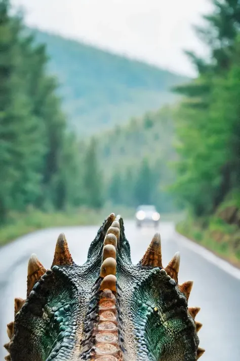 a photo shot Over the shoulder, in the point of view from the back of a dinosaur's head close-up on the lower side of the shot cropped, a car is in the background, on a road in a forest, bokeh, dof, blur    <lora:HeadPOV_from_behind_vk1-000018:0.85>