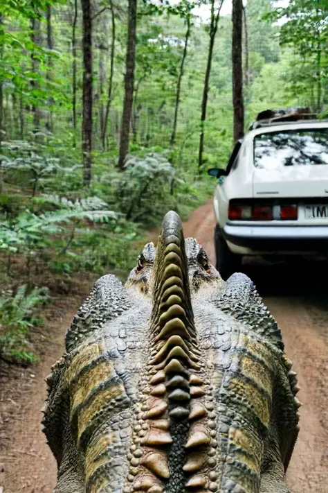 a photo shot Over the shoulder, in the point of view from the back of a dinosaur's head close-up on the lower side of the shot cropped, a car is in the background, in the woods in a forest<lora:HeadPOV_from_behind_vk1-000018:0.85>