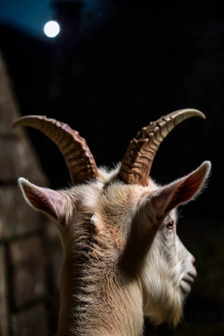 a photo shot in the point of view from the back of a goat's head close-up, on the backyard of a sinister dark hunted house, Halloween, demoniac atmosphere, satanic vibes, 666 is the number of the beast <lora:HeadPOV_from_behind_vk1-000018:0.85>, natural lighting, 4k, high quality, Fujifilm XT3