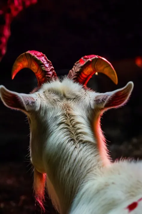 a photo shot in the point of view from the back of a goat's head close-up, on the backyard of a sinister dark hunted house, Halloween, demoniac atmosphere, satanic vibes, 666 is the number of the beast, red moon shining a reddish light<lora:HeadPOV_from_behind_vk1-000018:0.85>, 4k, high quality, Fujifilm XT3