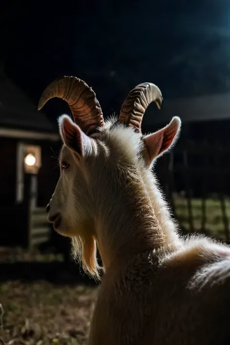 a photo shot in the point of view from the back of a goat's head close-up, on the backyard of a sinister dark hunted house, Halloween, demoniac atmosphere, satanic vibes, 666 is the number of the beast <lora:HeadPOV_from_behind_vk1-000018:0.85>, natural lighting, 4k, high quality, Fujifilm XT3