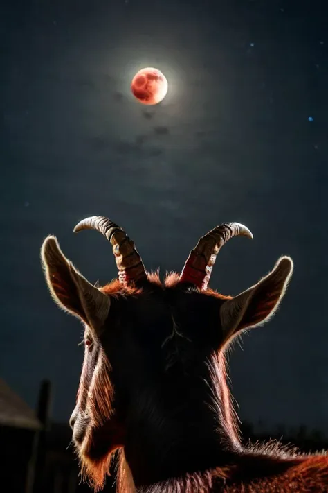 a photo shot in the point of view from the back of a black goat's head close-up looking at the moon, on the backyard of a sinister dark hunted house, Halloween, demoniac atmosphere, satanic vibes, 666 is the number of the beast, red_moon shining a reddish light at a barn in the distance<lora:HeadPOV_from_behind_vk1-000018:0.93>, 4k, high quality, Fujifilm XT3