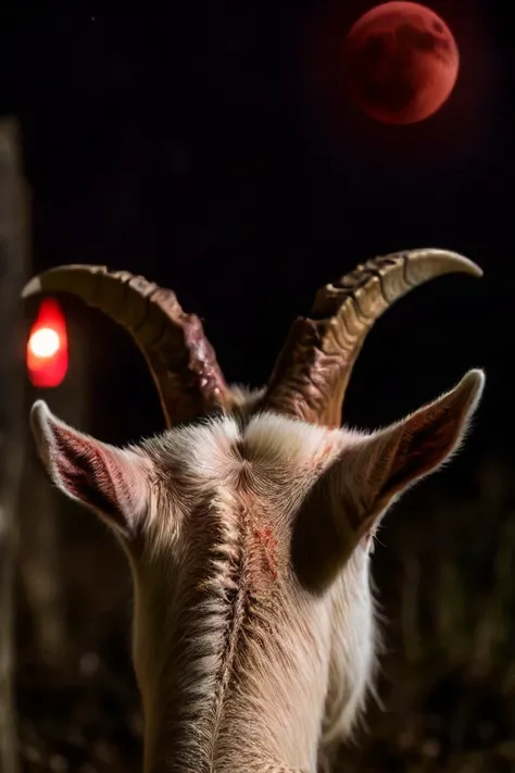 a photo shot in the point of view from the back of a goat's head close-up, on the backyard of a sinister dark hunted house, Halloween, demoniac atmosphere, satanic vibes, 666 is the number of the beast, red moon shining a reddish light<lora:HeadPOV_from_behind_vk1-000018:0.85>, natural lighting, 4k, high quality, Fujifilm XT3