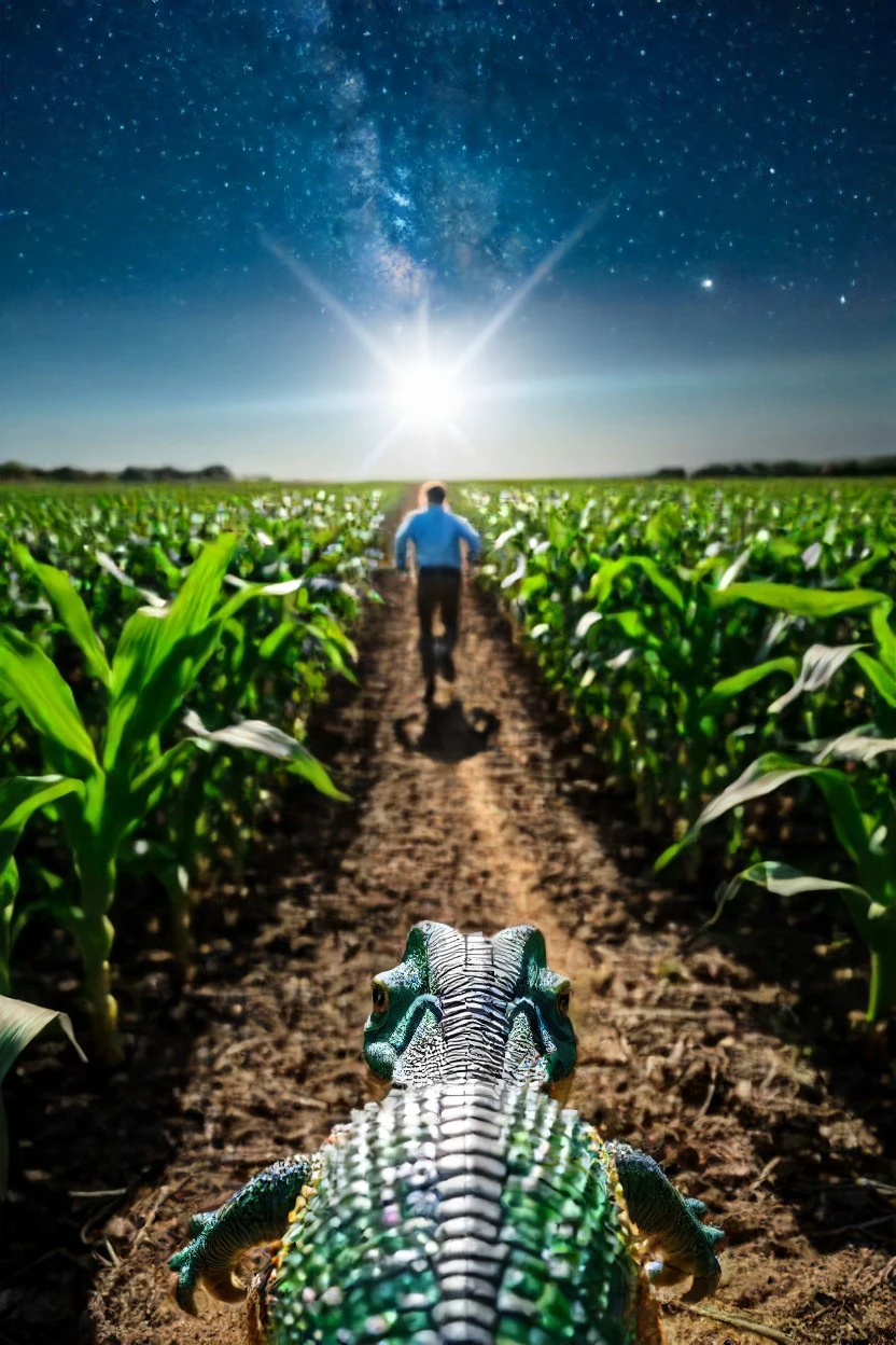 the point of view from the back of a toy dinosaur's head close-up shooting laser beams on a person in the background ADDBASE 
night sky ADDROW 
a corn field, far away in the background, a small full body clothed man on the background, back view from his back, he is running from laser beams ADDROW 
the point of view from the back of a toy dinosaur's head close-up shooting laser beams on a corn field <lora:HeadPOV_from_behind_vk1-000018:0.85>